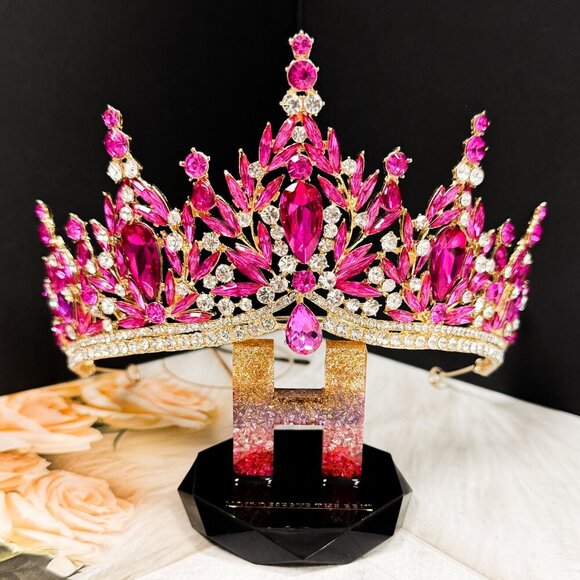 Fuchsia Gemstone Crown, Birthday Tiara, Wedding Headband, Prom Crown, Gold Tiara main image 8